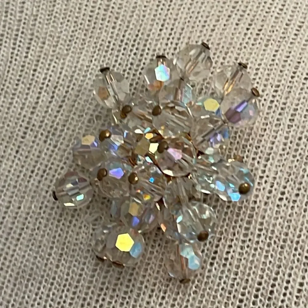 Vintage Aurora Borealis Crystal Bead Cluster Rhinestone Brooch Pin
